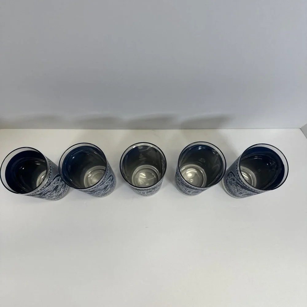 Set of 5 Vintage Currier and Ives Old Grist Mill Blue and White Glass Tumblers